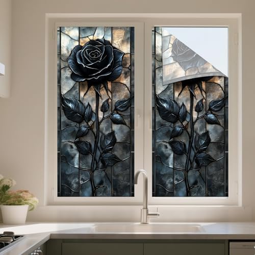 IVN Privacy Window Film Stained Glass Window Cling Black Rose - Image 5