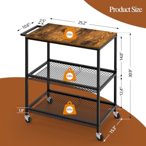 3 Tier Rolling Utility Kitchen Cart on Wheels, Heavy Duty Wire Rolling Cart with Wooden Top, Commercial Metal Serving Cart with Handle, Kitchen Island Food Storage Trolley for Laundry, Office, Garage - Image 2