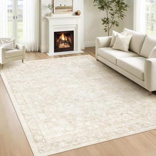 6x9 Area Rugs for Living Room: Washable Vintage Floral Rug Low Pile Non-Slip Boho Carpet for Bedroom Nursery Dining Room (Beige, 6'x9') by LOSBULAKE