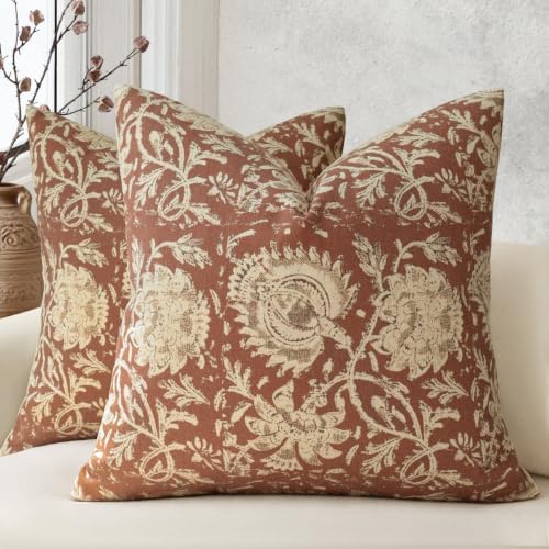 Fall Pillow Covers 22x22 Set of 2 Printed Floral Throw Pillows Farmhouse Pillow Cases Vintage Decorative Cushion Covers Fall Decorations for Couch Sofa Chair Bed Living Room, Rust by DKwizme