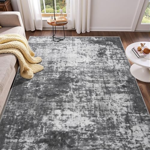 4x6 Rug, Soft Washable Rug for Living Room, Non Slip Abstract Modern Rugs for Bedroom, Low Pile Stain Resistant Foldable Carpet for Dining Room Bedside Entryway Nursery Decor, Black and White by Enqinar