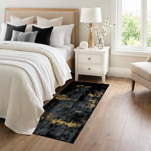 RELEANY Washable Runner 3'x6' Abstract Area Rug for Hallway Black Gold - Image 3