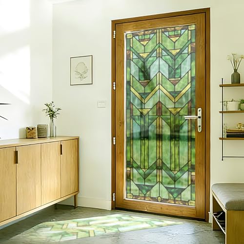 Faux Stained Glass Effect Transparent Window Film, Decorative Window Cling for Front Door Sliding Door Glass Film Decor Inspired by Frank Lloyd Wright, 29.53" x68.9" Martin House, Green by Flortlias