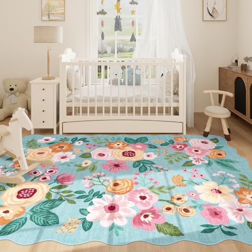 DUKINO 5x7 Area Rugs for Bedroom, Floral Washable Rug Non Slip, Teal - Image 3