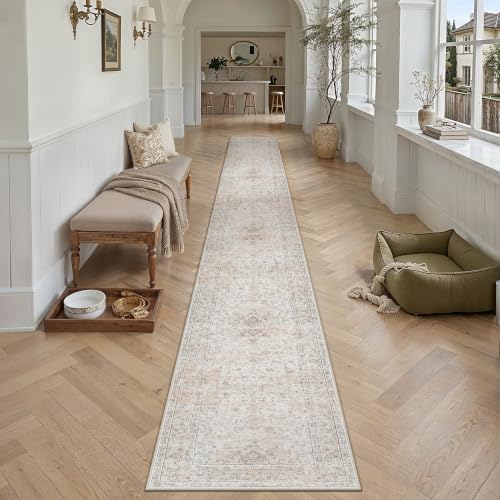 2'6x14 Washable Runner Rug Beige Grey Non Slip Vintage Carpet - Image 3