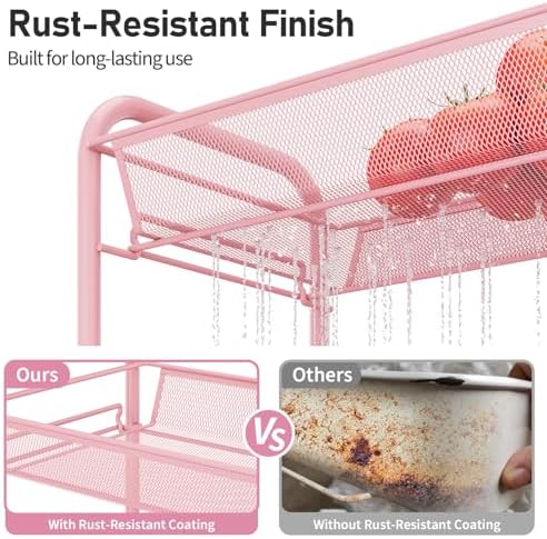 TOOLF 3 Tier Rolling Cart, Metal Utility Storage Cart with Wheels, Pink | 3 Hooks, Screwless Assembly, Trolley Organizer for Bathroom, Kitchen, Office, Nursery, Dorm, Laundry Room - Image 2
