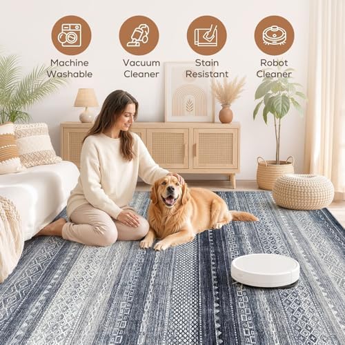 6x8 Area Rugs Living Room: Washable Boho Large Neutral Soft Rug Modern Stain Resistant Moroccan Indoor Non Slip Floor Carpet for Bedroom Nursery Kids Playroom Office Dining Room Dorm- Blue - Image 3