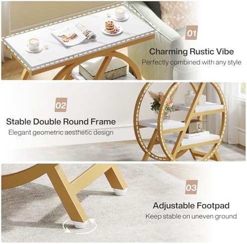 Tribesigns End Table Set of 2, Modern Faux Marble Side Table for Living Room, 3 Tier Narrow Sofa Side Table with Storage and Metal Frame, Nightstand and Bedside Table for Bedroom, Gold & White - Image 7