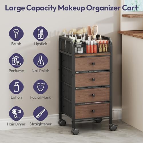 SWTYMIKI Rolling Makeup Organizer Cart - Under Desk Vanity Makeup Storage with 4 Non-woven Drawers, Nail Cart Organizer Cosmetic Display Cases Cabinet for Skin Care Perfume Nail Polish Brush Hair Tool - Image 6