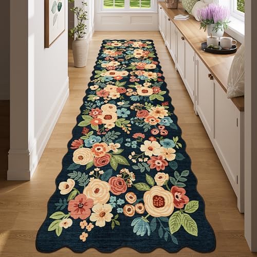 DUKINO 2x8 Washable Runner Rug, Floral Non Slip Kitchen Rugs, Navy Blue - Image 3