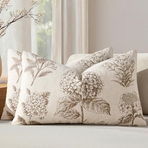 Set of 2 Lumbar Floral Pillow Covers 12x20 Inch Light Brown by SWANCOCO