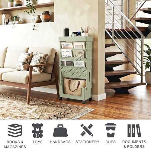 5-Tier Rolling Bookshelf Magazine Rack with Wheels Green - Image 5