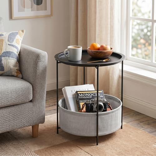 VECELO Round Side/End Table with Fabric Storage Basket，Metal Anti-Rust and Waterproof Small Bedside Nightstand with Removable Tray Top for Living Room，Balcony & Laundry，Black /2pcs with Basket - Image 2