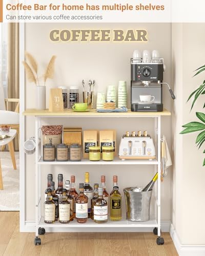 Kitchen Island with 3 Shelves, Rolling Kitchen Cart with 6 Hooks and Protective Shelf, Microwave Stand on Lockable Wheels, Bakers Rack Coffee Bar for Dining, Living Room, Outdoor, Metal Frame, White - Image 6