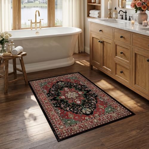 RELEANY Washable Area Rug, Small 2'6"x4', Red/Black by RELEANY
