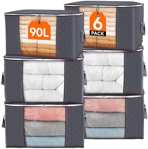 Lifewit 90L Large Storage Bags, 6 Pack Closet Organizers and Storage, Clothes Storage Bins with Lids, Foldable Storage Containers with Reinforced Handles for Clothing, Blanket, Bedding, Comforter Gray by Lifewit