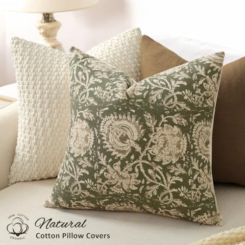 Vintage Floral Print Throw Pillow Covers 22x22 Set of 2 Neutral Modern Farmhouse Accent Decorative Cushion Covers Boho Home Decor for Couch Sofa Chair Bed Living Room, Olive Green - Image 2