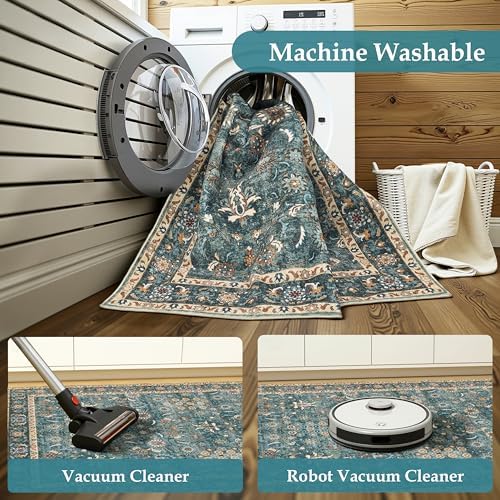 3x6 Washable Hallway Runner Rug, Non Slip Low Pile Vintage Rugs Green - Image 5