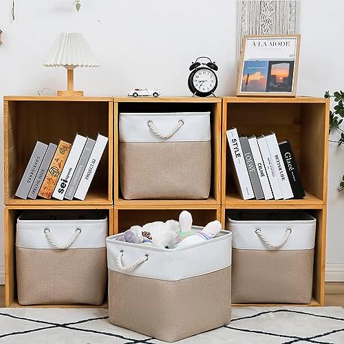 MidmmVick 13 x 13 Inch Cube Storage Bins, 4 Pack Large Collapsible Fabric Storage Bin with Ropes, Foldable Storage Cubes for Home, Office,Closet, Clothes, Toys Organizer (White & Beige) - Image 2