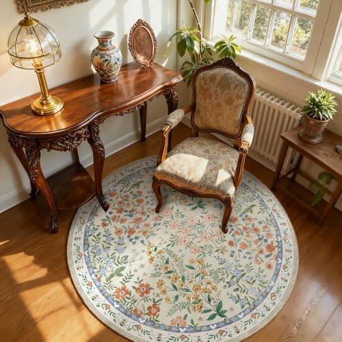 Washable Round Rugs for Bedroom 4ft: Living Room Rug Stain Resistant Non Slip Low Pile Ultra Soft Faux Wool Small Circle Rugs for Entryway Kitchen Bathroom Nursery Dorm Home Office Entrance Indoor - Image 2