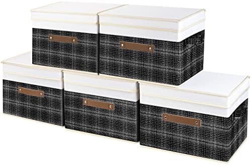 TYEERS Collapsible Storage Bins with Lids, Patchwork Design, Washable, Fabric Storage Boxes, 14.9x9.8x9.8 inches, 5 Pack, Black by StorageOrganization