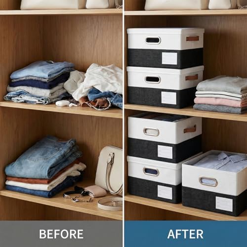 PRANDOM Storage Bins with Lids [3-Pack] Linen Fabric Foldable Storage Boxes Organizer Containers Baskets Cube with Cover for Bedroom Closet Office Black & White（11.4X8.6X6.7 - Image 6