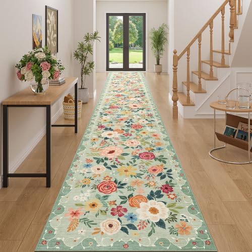 DUKINO 3x20 Runner Rug for Hallway, Floral Washable Long Runner Rug, Green by DUKINO