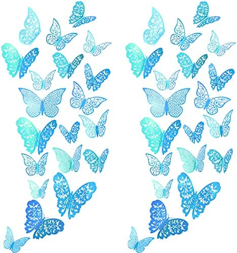 Bememo 72 Pcs 3D Butterfly Wall Decals, 3 Sizes,Holographic Blue | Metallic Hollow Design for Bedroom Living Room, Removable Adhesive Wall Decor, Easy Peel Stick Party Decoration Stickers - Image 2