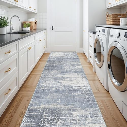 Washable 12ft Hallway Runner Rug: Non-Slip 2'6x12 Kitchen Rugs Low-Pile Entryway Rug Runner Abstract Soft Bedroom Floor Mat Farmhouse Carpet for Bathroom Living Room Dining Room(2'6x12,Blue/Ivory) - Image 5
