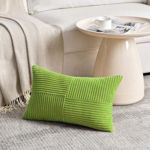 Fancy Homi Set of 2 Lime Green Lumbar Decorative Throw Pillow Covers 12x20 Inch for Living Room Bedroom Couch Bed Sofa, Soft Striped Corduroy Modern Rectangle Accent Cushion Case 30x50 cm - Image 2