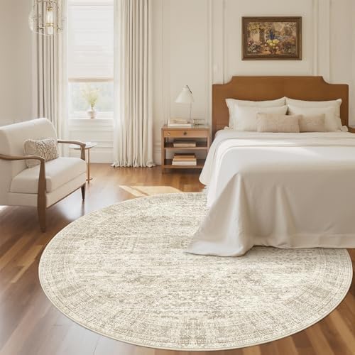 Soalmost 5x5 Beige Round Rug 6ft Circle Living Room Area Rugs Non-Slip - Image 3