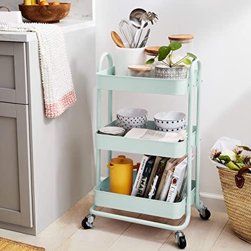 Amazon Basics 3-Tier Metal Rolling Utility Cart, Storage Organizer, Multi-Functional Kitchen Island Cart, Portable Shelving Unit with Caster Wheels, Mint Green - Image 2