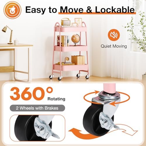 NEWBULIG 3-Tier Metal Rolling Cart with Lockable Wheels, Heavy Duty Mobile Utility Storage Shelf, Roller Book Snack Cart, Organization for Livingroom, Bathroom, Office, Pink - Image 3