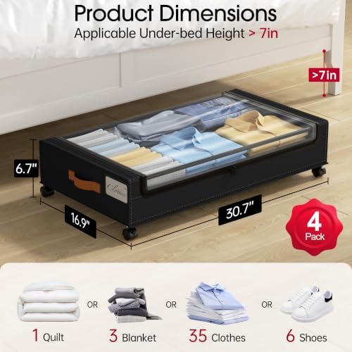 Yecaye 4 Pack Under Bed Storage with Wheels, Under Bed Storage Containers with Lids, Large Under Bed Rolling Storage with Clear Window & Label, Rolling Drawers for Clothes, Blankets, Books - Image 2