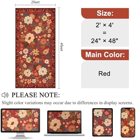DUKINO 2x4 Entryway Rug, Floral Washable Kitchen Rugs Non Slip, Red - Image 2