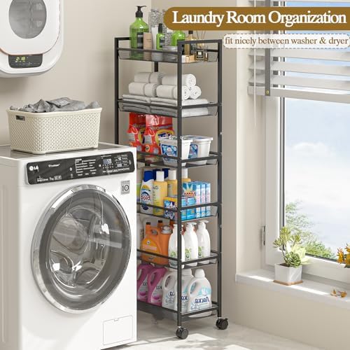 6 Tier Slim Rolling Storage Cart, Narrow Mobile Shelving Unit Organizer Utility Cart with Wheels, Metal Wire Storage Rack with Baskets for Kitchen, Bathroom, Laundry & Living Room, 10in(W) Black - Image 4