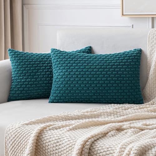 MIULEE Lumbar Decorative Throw Pillow Covers 12x20 Teal Blue Corduroy by MIULEE