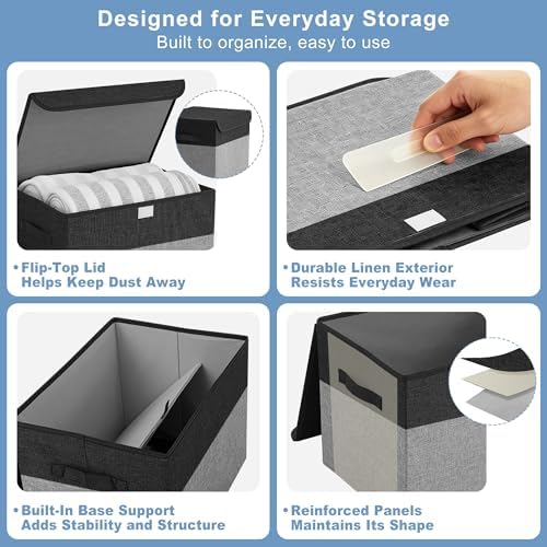 Large 17" 42 Quarts Collapsible Stackable Storage Bins with Lids [3-Pack] Foldable Fabric Linen Storage Boxes Cube, Closet Organizer Baskets with Label for Home (16.7 x 12 x 12", Black & Gray) - Image 6