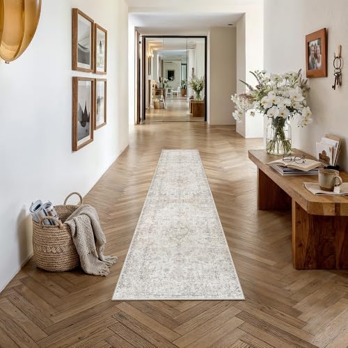 2'6x8 Washable Runner Rug Beige Grey Non Slip Vintage Carpet - Image 2