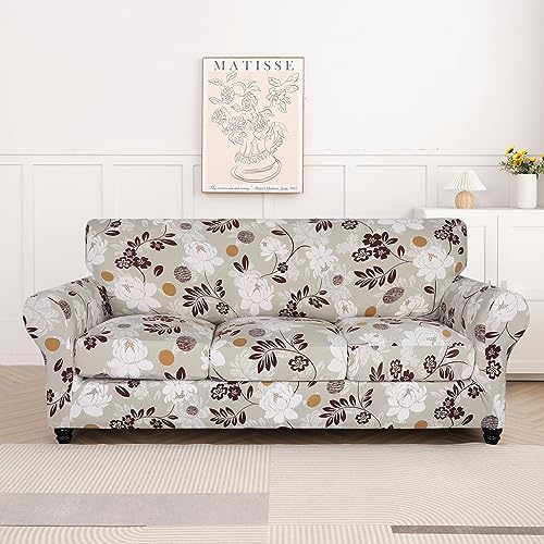 SearchI Stretch Sofa Cover Printed Couch Cover, Floral Pattern 4 Pieces Sofa Slipcover with 3 Separate Cushion Cover, Washable Furniture Protector for Living Room(Sofa, Brown Flowers) - Image 5