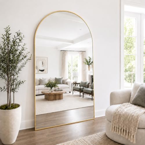 90''x46'' Oversized Full Length Mirrors, Arched Floor Mirror with Stand, Full Body Large Oversized Standing Mirror/Leaning/Hanging Wall Mounted for Living Room, Bedroom, Gold - Image 3