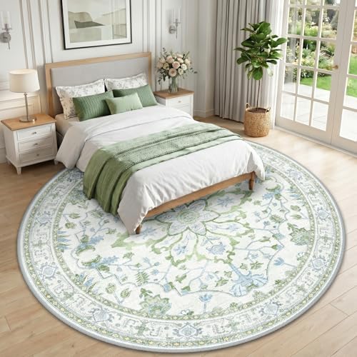 RELEANY Washable Area Rug, Round 10ft, Green/White/Blue - Image 2