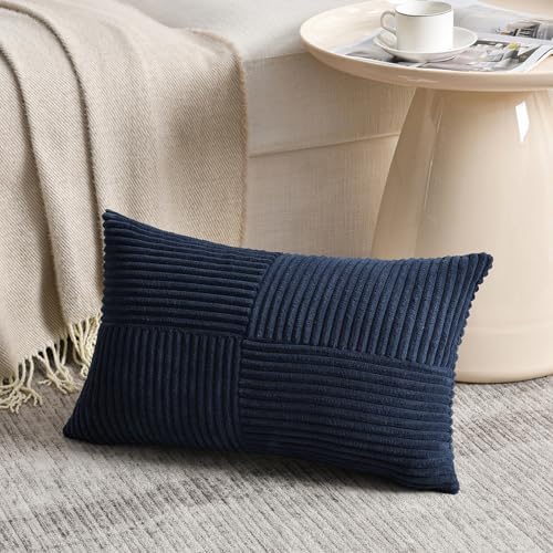Fancy Homi 2 Packs Navy Blue Lumbar Decorative Throw Pillow Covers 20x28 Inch for Living Room Couch, Rustic Farmhouse Boho Home Decor, Soft Striped Corduroy Rectangle Accent Cushion Case 50x70 cm - Image 2