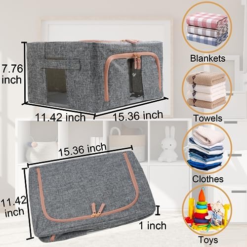 Linen Clothes Storage Bins, 4PCS Sturdy Closet Organizers and Storage Bin with Metal Frame, 2 Opening Ways Fabric Visible Lidded Storage Box for Organizing Clothing,Jeans,Sheets (4PC Gray, 22Liters) - Image 5