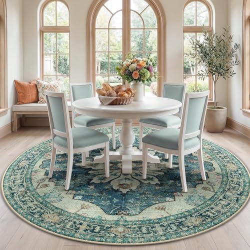 RELEANY Washable Area Rug, Round 7ft, Blue/Vintage Dark Blue by RELEANY