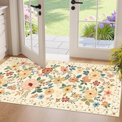 DUKINO 2x4 Entryway Rug, Floral Washable Kitchen Rugs Non Slip Beige Yellow by DUKINO