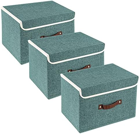 TYEERS Collapsible Storage Boxes, Washable Fabric Storage Bins with Lids, 14.9x9.8x9.8 inches, 3 Pack, Aqua Deep by StorageOrganization