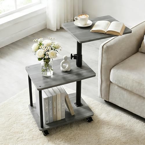 Rolling Side Table with Wheel for Living Room, Adjustable Height Swivel End Table for Different Seating Types, Ideal for Couch, Sofa, Recliner and Living Room, Grey Walnut-Look by Bingyouth