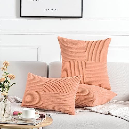 Fancy Homi 2 Packs Peach Samll Decorative Throw Pillow Covers 12x12 Inch with for Couch Bed Sofa, Rustic Farmhouse Boho Home Decor, Soft Corss Patchwork Corduroy Cute Square Cushion Case 30x30 cm - Image 6