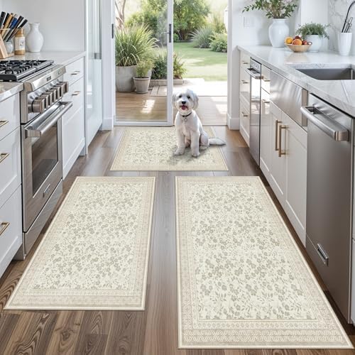 Kitchen Rug Sets 3 Piece, Washable Non-Slip Farmhouse Kitchen Mats for Hardwood Floor, Rustic Floral Boho Runner Rug for Sink,Entryway & Hallway & Bathroom (Beige/Floral,2x3-2x4-2x5) by BYYVOORugsforYourHome